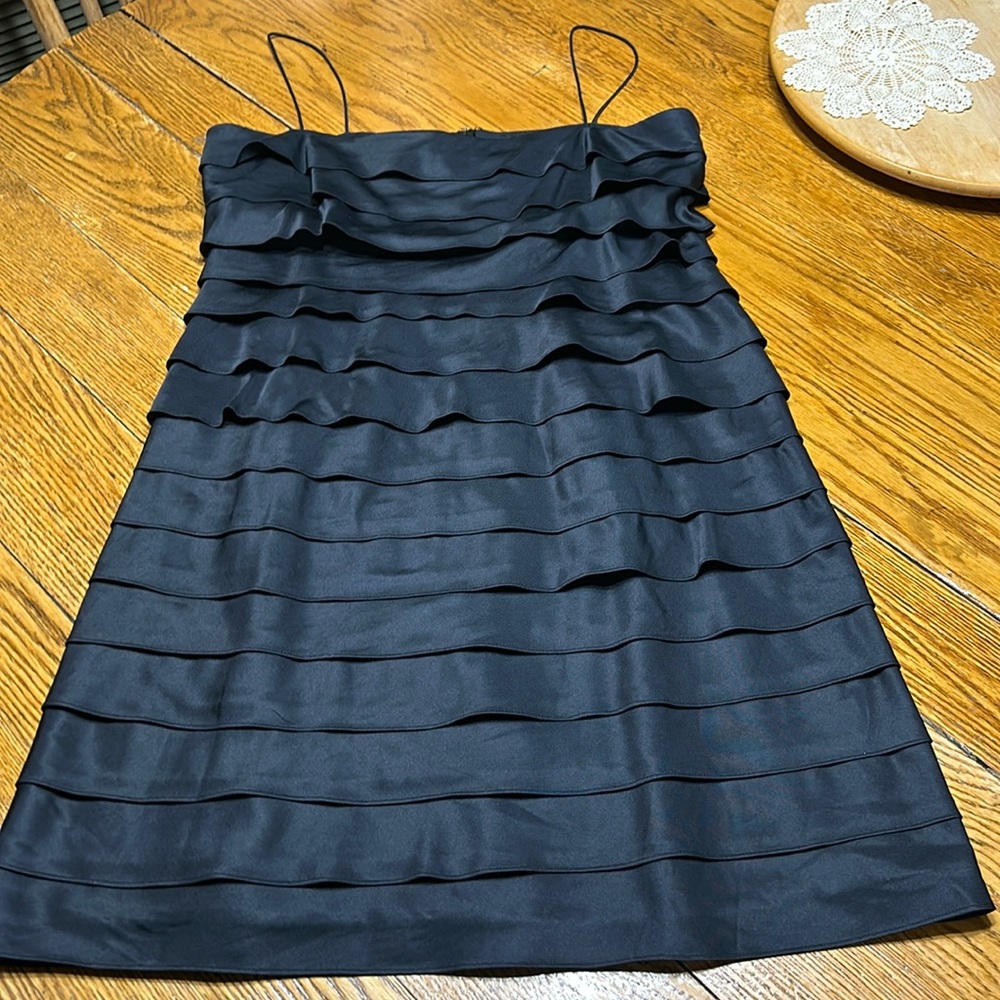 Nine West ruffled tiered silk cocktail dress.  Black, spaghetti straps. Size 14.